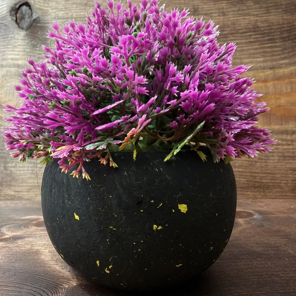 Faux Purple Plant in Textured Black Distressed Round Pot Decorative Accent